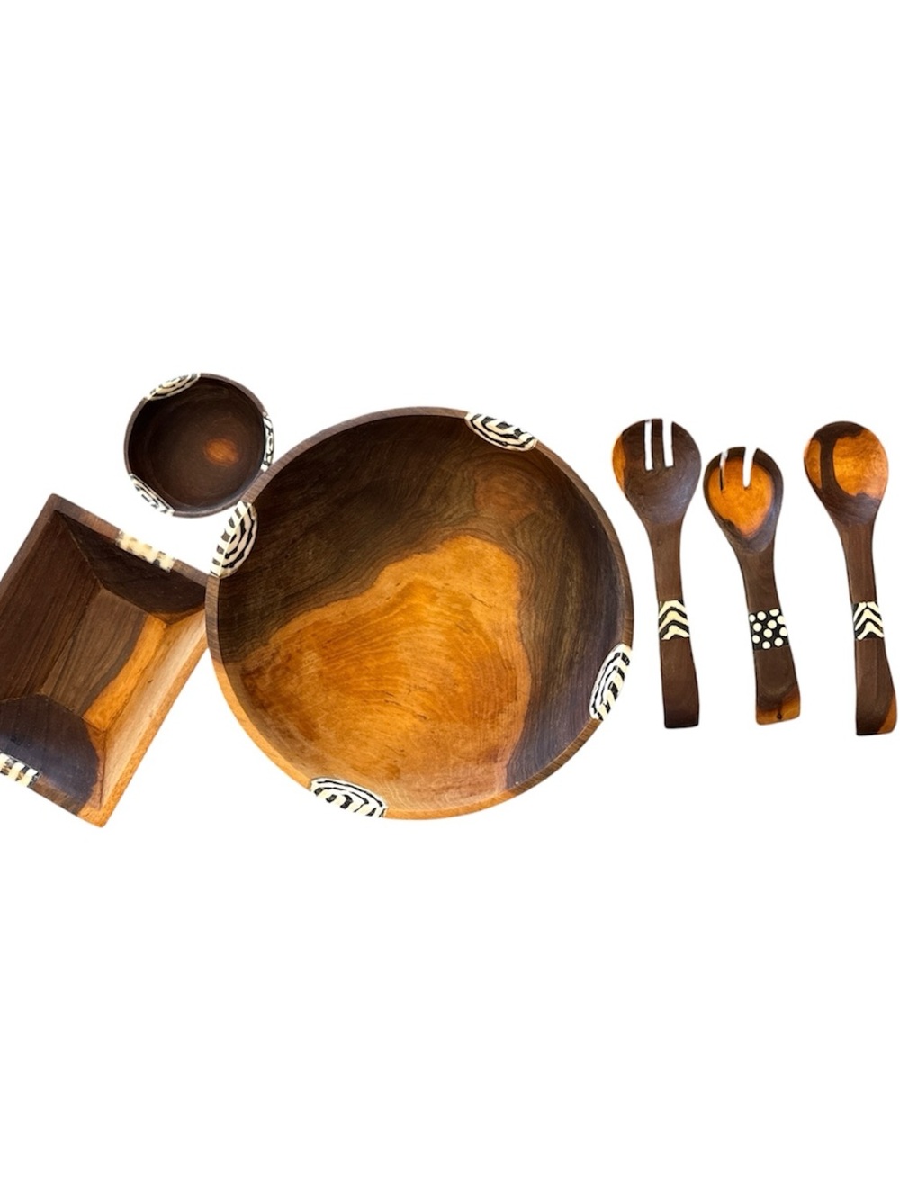 Kenya Africa Olive Wood Salad Set Batik Bone Inlays Used